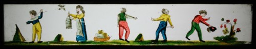 Hand-painted lantern plate in tin mount, depicting four boys, woman, bird and butterfly, slide plate slideshope images glass