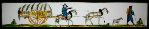 Hand-painted lantern plate in tin mount, image of traveling company with covered wagon, slide plate slideshope images glass