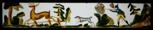 Hand-painted lantern plate in tin mount, image of hunting scene with deer, slide plate slideshope images glass paper tin, Hand