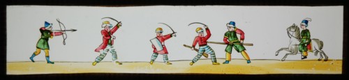 Hand-painted lantern plate with fighting Oriental soldiers, slide slide diapositive footage glass paper, Hand-painted