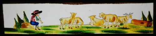 Hand-painted slide, image of shepherd with sheep and flute, slide slide slideshope images glass paper, Hand-painted rectangular