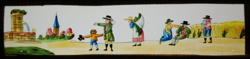 Hand-painted slide, image of people at source, village and cornfield, slide plate slideshope images glass paper, Hand-painted