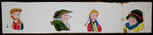 Hand-painted lantern plate with four portraits, slide plate slideshope images glass paper, Hand-painted rectangular magic