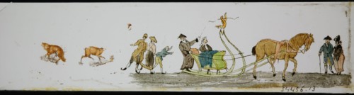 Hand-painted lantern plate with horse sleigh and skating people, slideshelf slideshare images glass paper, Hand-painted slides