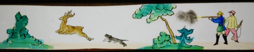 Hand-painted lantern plate with hunting scene, slide plate slideshope images glass paper, Hand-painted slides on the edges