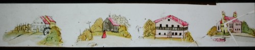Hand-painted lantern plate with four buildings, slide slide slideshope images glass paper, Hand-painted slides on the edges