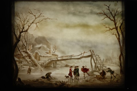 Perspective box of black lacquered wood with three painted glass plates: ice scene with skaters, perspective case glass plate