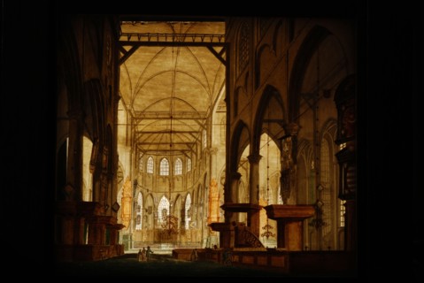 Perspective box of black lacquered wood with two painted glass plates: church interior, perspective glass panel glass wood oak