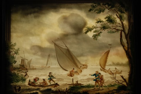 Perspective box of black lacquered wood with three painted glass plates: river view with sailboats, ships and walkers
