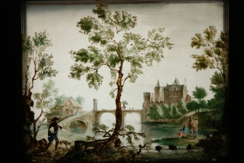 Perspective box of black lacquered wood with three painted glass plates: landscape with castle and river, perspective glass