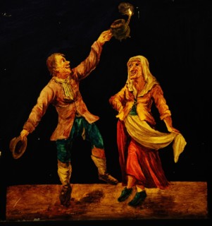 Hand-painted glass for illumination cabinet with dancing man and woman, slideshelf slideshare images glass paint paper, Hand
