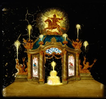 Hand-painted glass for illumination cabinet with image of pavilion with fountains, slideshelf slideshoot images glass paint