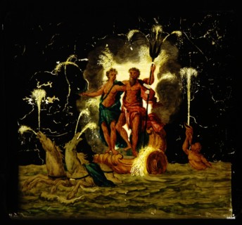 Hand-painted glass for illumination cabinet with image of Neptune and Venus Drawn by horses, slide slide diapositive sculpture