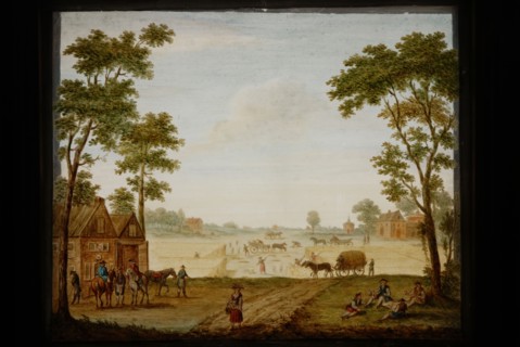 Perspective cupplate with two painted glass plates, landscape with inn and harvesting farmers, perspective case glass plate