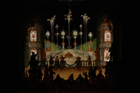 Perspective cupplate with three painted glass plates, fireworks on the Hofvijver, perspective box glass plate glass paint oak