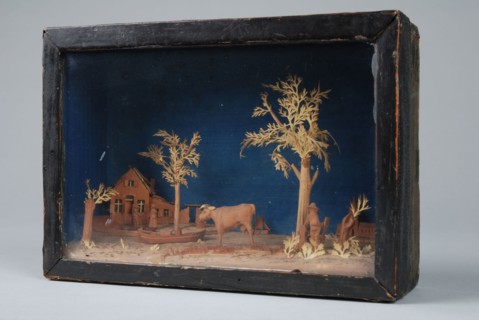 Bavelaar, small viewing box with rural scene: talking man and woman, cow and pollard willows, diorama footage wood paint glass