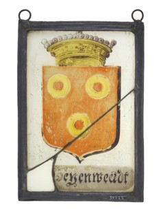 Window hanger, painted glass with weapon from Doyenweert, stained glass window pane glasspainting material glass paint lead