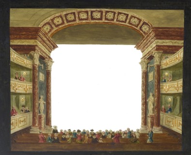 Painted glass plate for perspective box, theater with audience, glass plate perspective box glass paint, hand-painted