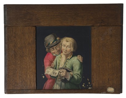 Hand-painted glass plate in wooden frame for the lighting box, depicting two men with pamphlet, slide slide slide picture glass