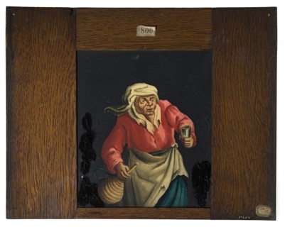 Hand-painted glass plate in wooden frame for illumination cabinet, illustration woman with cup and basket, slideshelf slide