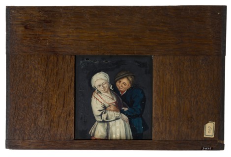 Hand-painted glass plate in wooden frame for illumination cabinet, image of approach man at woman, slideshelf slideshoot