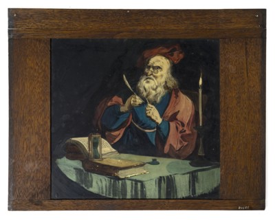 Hand-painted glass shelf in wooden frame for illumination cabinet, picture of scholar with pen-feather, books and hourglass