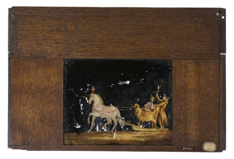 Hand-painted glass shelf in wooden frame for illumination cabinet, depicting man and woman in sleigh, slideshelf slideshoot