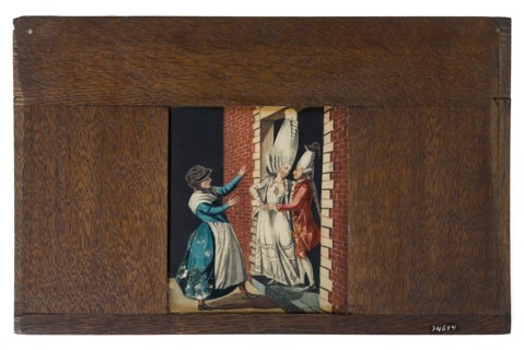 Hand-painted glass plate in wooden frame for illumination cabinet, image of man and woman with high wig in doorway, slideshelf