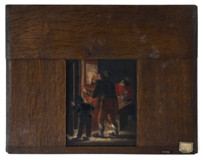 Hand-painted glass plate in wooden frame for illumination cabinet, depicting two men, boy and paper, slide slide slideshoot