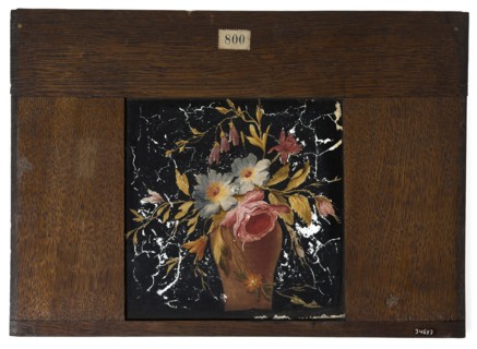 Hand-painted glass plate in wooden frame for lighting cabinet, image vase with flowers, slideshelf slideshoot images glass paint