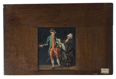Hand-painted glass plate in wooden frame for illumination cabinet, image man with epee and woman in black dress, slideshelf