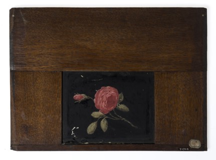 Hand-painted glass plate in wooden frame for illumination cabinet, image rose branch, slideshelf slideshoot images glass paint