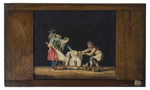 Hand-painted glass plate in wooden frame for illumination cabinet, image two devils, clown and sharpening stone, slide plate