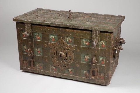 Painted wrought iron Nuremberg coffin, archive case casket cabinet furniture furniture interior design iron paint, approximately