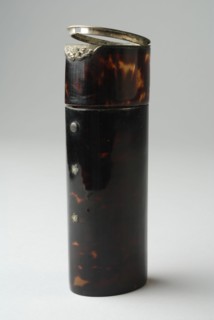 Tortoiseshell cigar case with silver fittings around lid, cigar case holder copper silver metal turtle, Cigar case Oval section