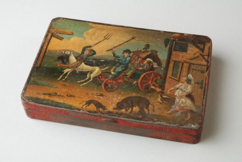 Iron tobacco box, painted with rickety carriage and inn, tobacco box holder iron base metal metal lacquer, Tobacco box Elongated