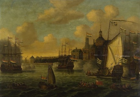 Reception of William IV and Anna of England, painting footage wood oak oil paint, Oak panel with oak frame. Flag display