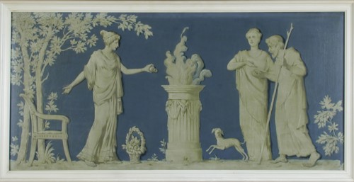 Willem Adrianus Fabri, Upper door, white painting against blue background: classic representation of woman by fire on pedestal