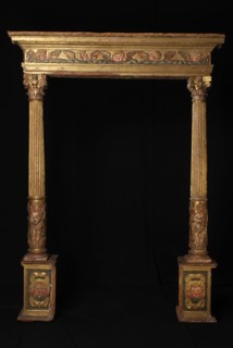 Wooden gate, consisting of basements, pilasters and cornice, decorated with gilded carving, gate building component spruce wood