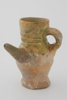 Suction jug or small jug with spout, yellow shard, mottled green glazed, bottle jug holder soil find ceramic stoneware lead