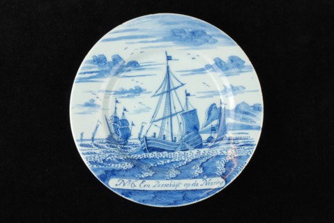 Manufacturer: De Porceleyne Bijl, Series of twelve plates with blue herring industry scenes: No 6. Zeeschuijt on the Neering