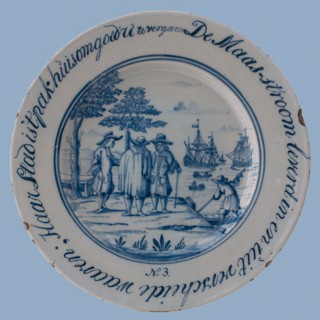 Jacob Schut, Delft blue plate with De Maas stream delivered in and out of various values; Her city is the warehouse to collect