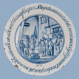 Jacob Schut, Delft blue plate with Comic Strippers sees the woman is diligently selling; the weavers the boat people and
