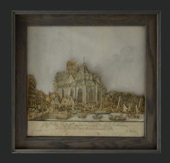 papierkunsteafter:: Jan Adelaar (Zutphen 1725 - Rotterdam 1811), Cut-out print with choir side of the Laurenskerk, cutting art
