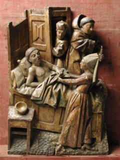 Polychrome, wooden sculpture, temptation of St. Anthony of Padua, sculpture sculpture wood paint gold velvet, The temptation