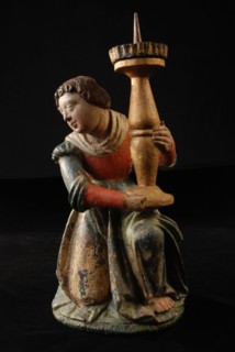 Wooden sculpture, kneeling angel holding up the candlestick on her knee, sculpture sculpture candlestick candleholder lighting