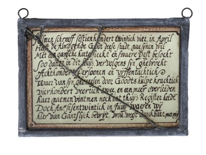 Rectangular window hanger Pest and Dolhuis with painted lettering in lead, stained glass window pane glasspainting material