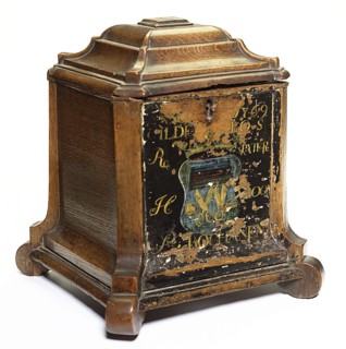 Guild bus tailors guild with ANNO 1769 GILDE BOS, guild bus holder wood paint leather copper metal h 31.0, P BOCHAREN