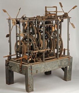 Tower clock and four dials on wooden trestle, tower clockwork measuring instrument iron wood, movement: 775 kg weights and loose