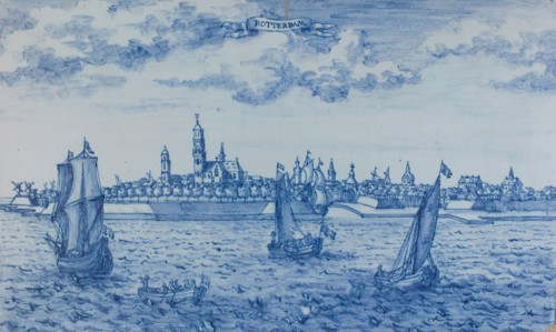 Rectangular tile plaque, blue and yellow on white, cityscape Rotterdam from across the Maas, plaque tile footage ceramic